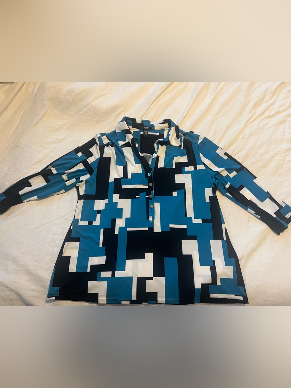 Alfani Geometric Button-Down Shirt in Teal, Black & White